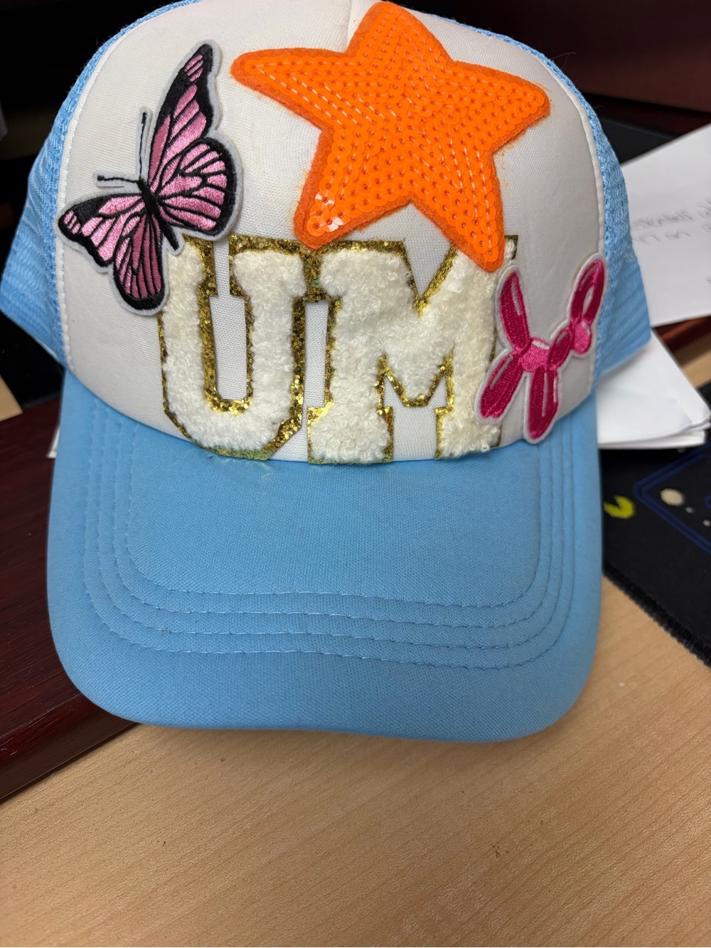 Powder Blue Fluffy White UM Patch Purple Butterfly Pink Balloon Dog Trucker Hat